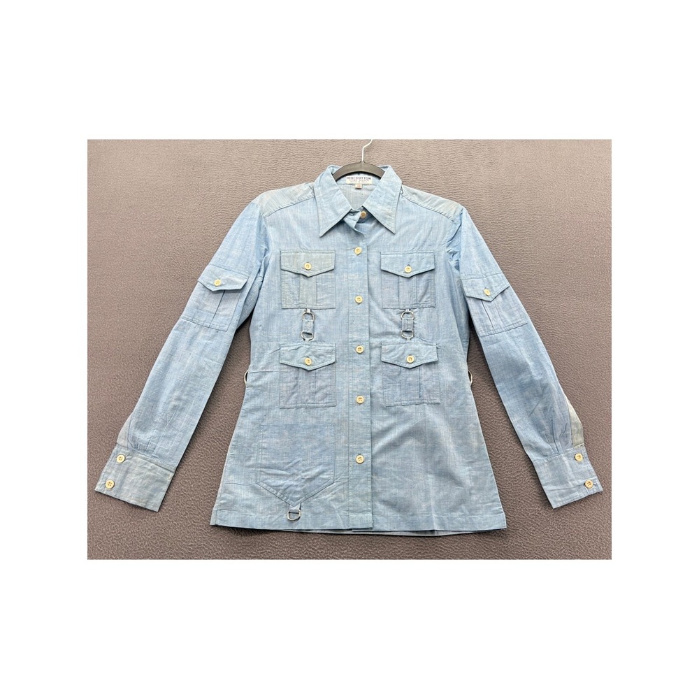 Vintage Hand Woven Cotton Safari Shirt Light Blue D-Ring Utility Jacket Size 12